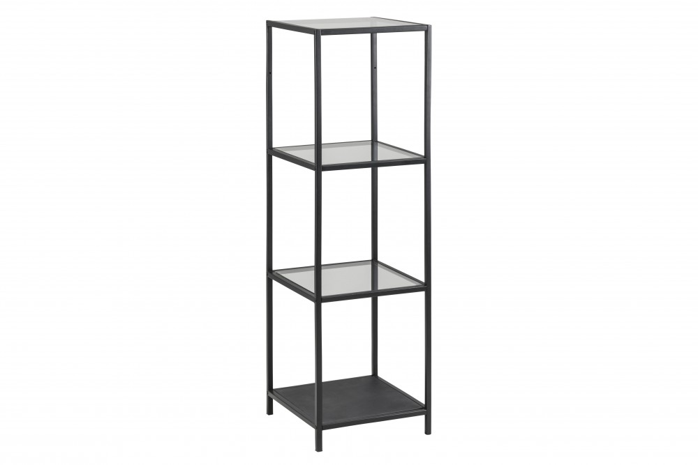 Narrow black metal bookcase featuring three open shelves, showcasing a sleek design with a minimalist aesthetic and a sturdy frame.