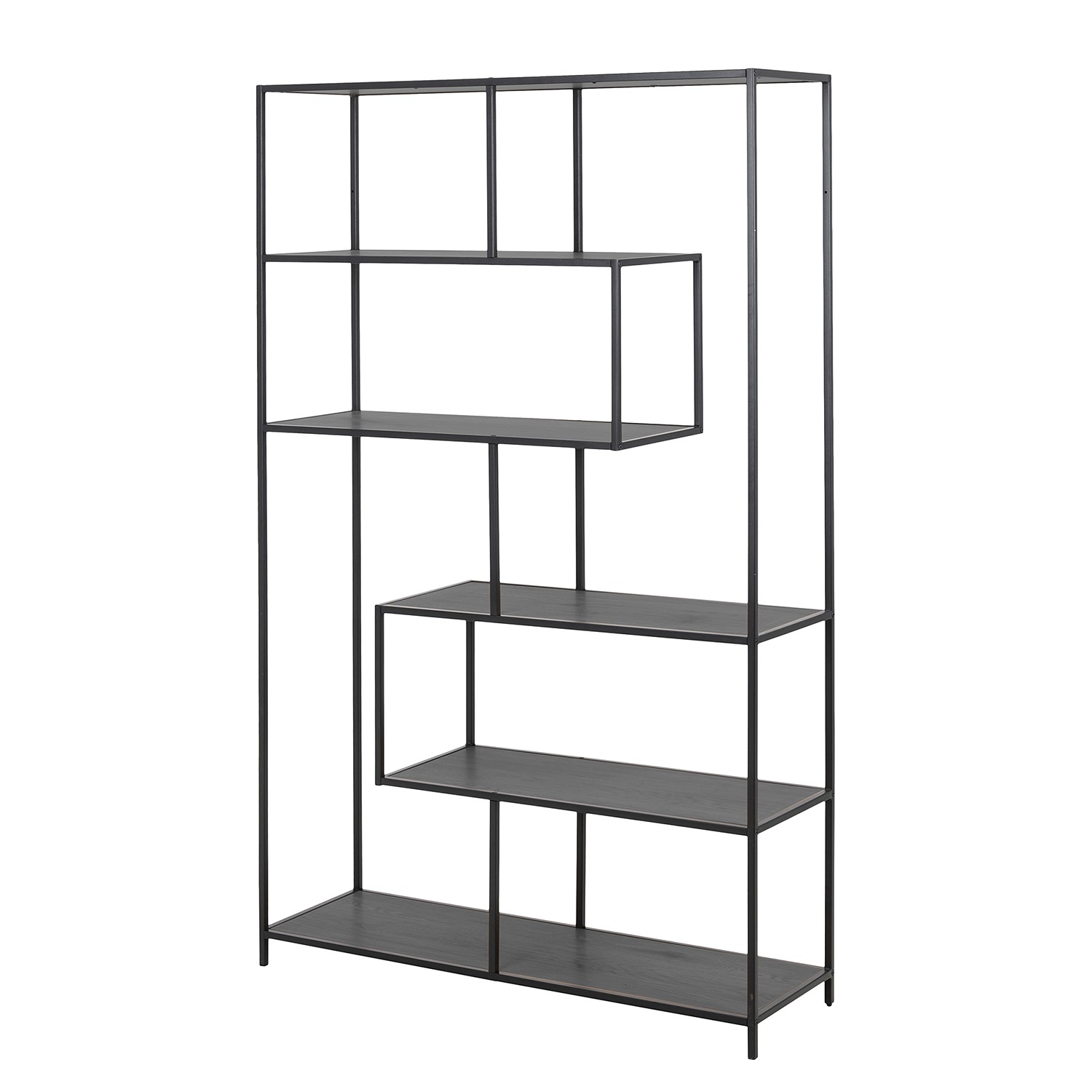 Large asymmetrical black metal bookcase featuring five black shelves in varying heights, designed for modern indoor spaces.