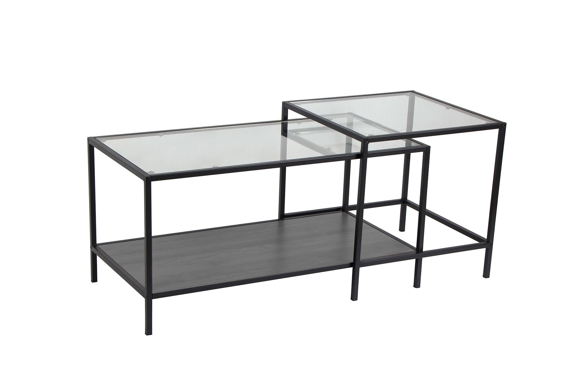 Black metal coffee table set featuring a sleek design with a glass top and a lower shelf, showcasing a modern aesthetic and minimalist style.