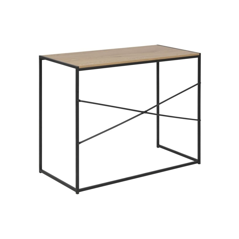 Seaford office desk featuring a black metal frame with an oak wood top, showcasing a minimalist design and crossed support bars for stability.