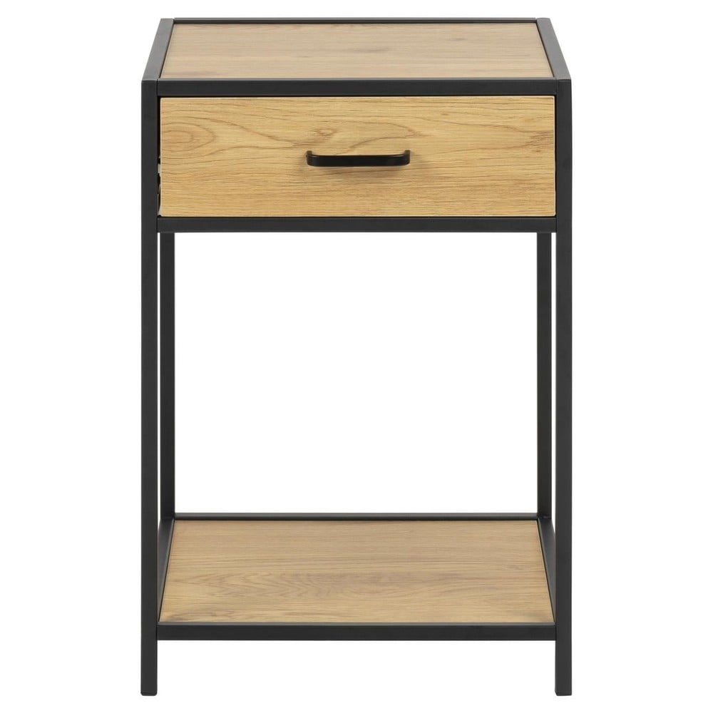 Black and oak bedside table featuring a single drawer with a sleek handle, a sturdy metal frame, and an open shelf for additional storage.