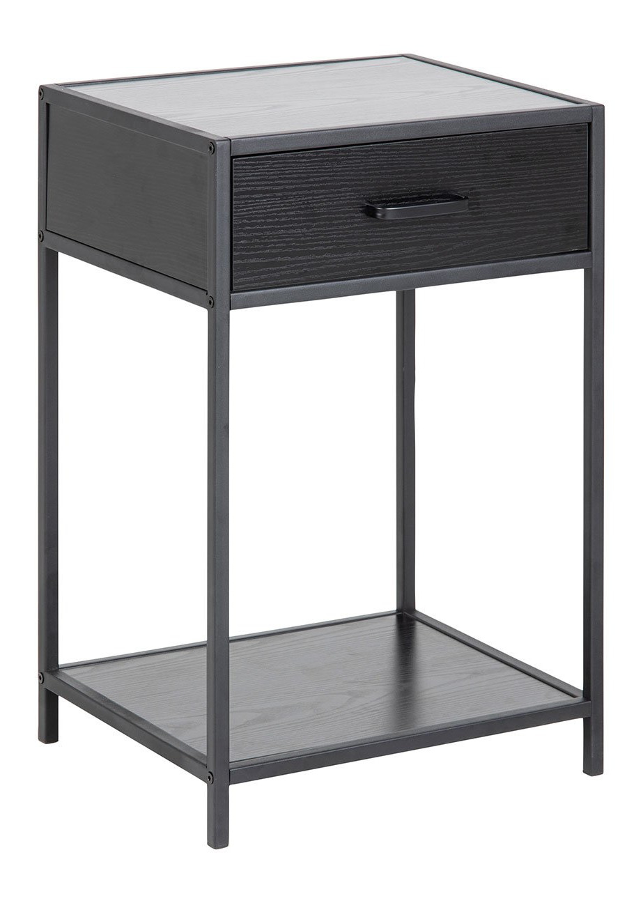 Black wooden bedside table with a single textured drawer and a sleek metal frame, featuring an open shelf underneath for additional storage.