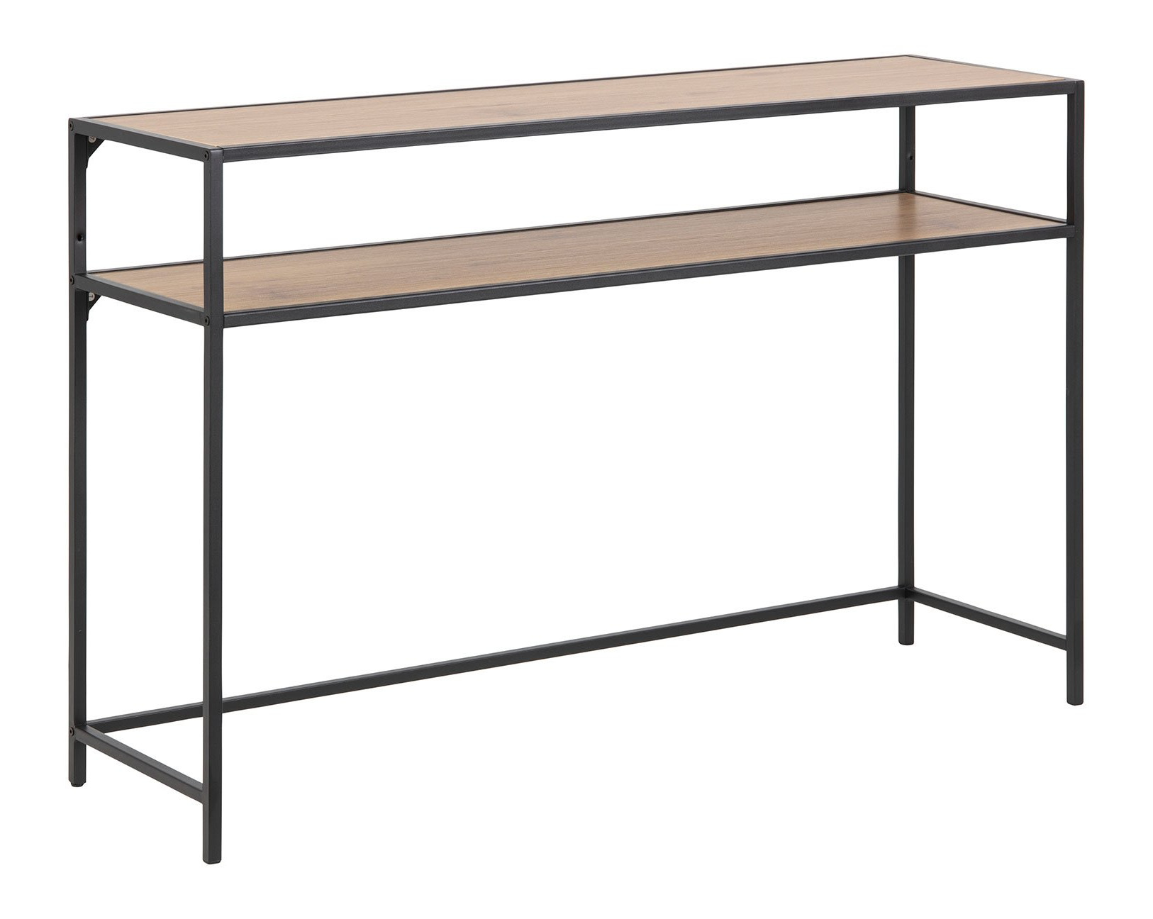 Black metal console table featuring a natural oak top, with two open shelves for storage or display, showcasing a modern and minimalist design.