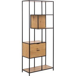 Tall, open bookshelf with a natural wood finish and black metal frame, featuring two drawers and multiple shelves in a modern geometric design.