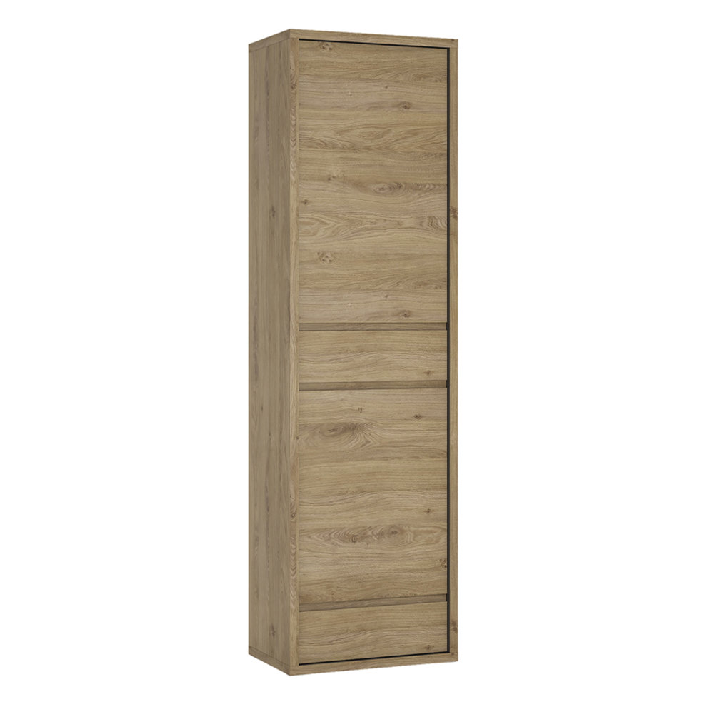 Tall narrow cabinet in a warm brown finish, featuring two doors and two drawers, crafted from wood with a modern design, ideal for storage in compact spaces.
