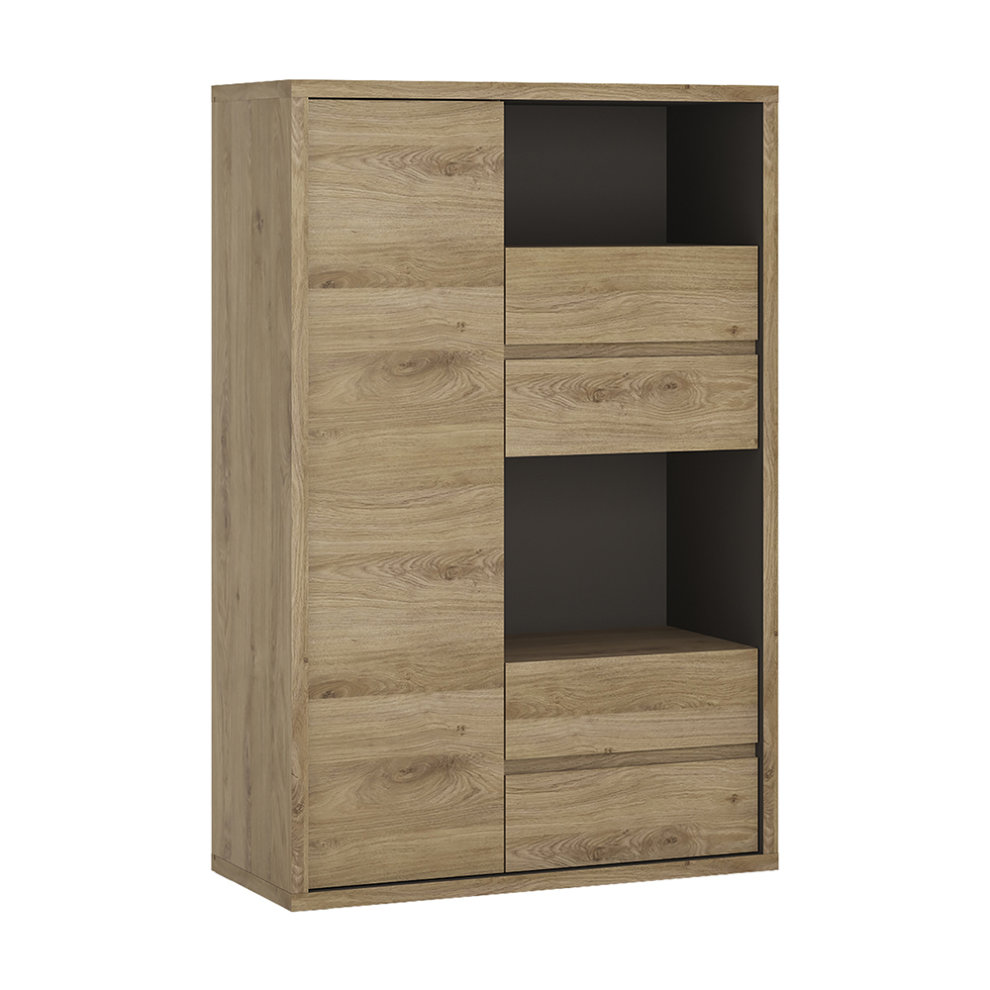 Shetland display cabinet in a light oak finish featuring one door and four drawers, with open shelving for decorative items, crafted from sturdy materials.