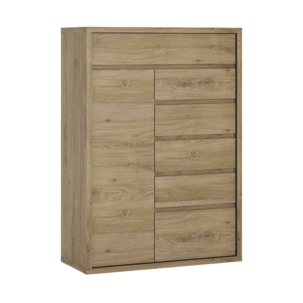 Brown wood effect cupboard featuring one top drawer and six spacious drawers, showcasing a sleek design with a textured finish and minimalist handles.
