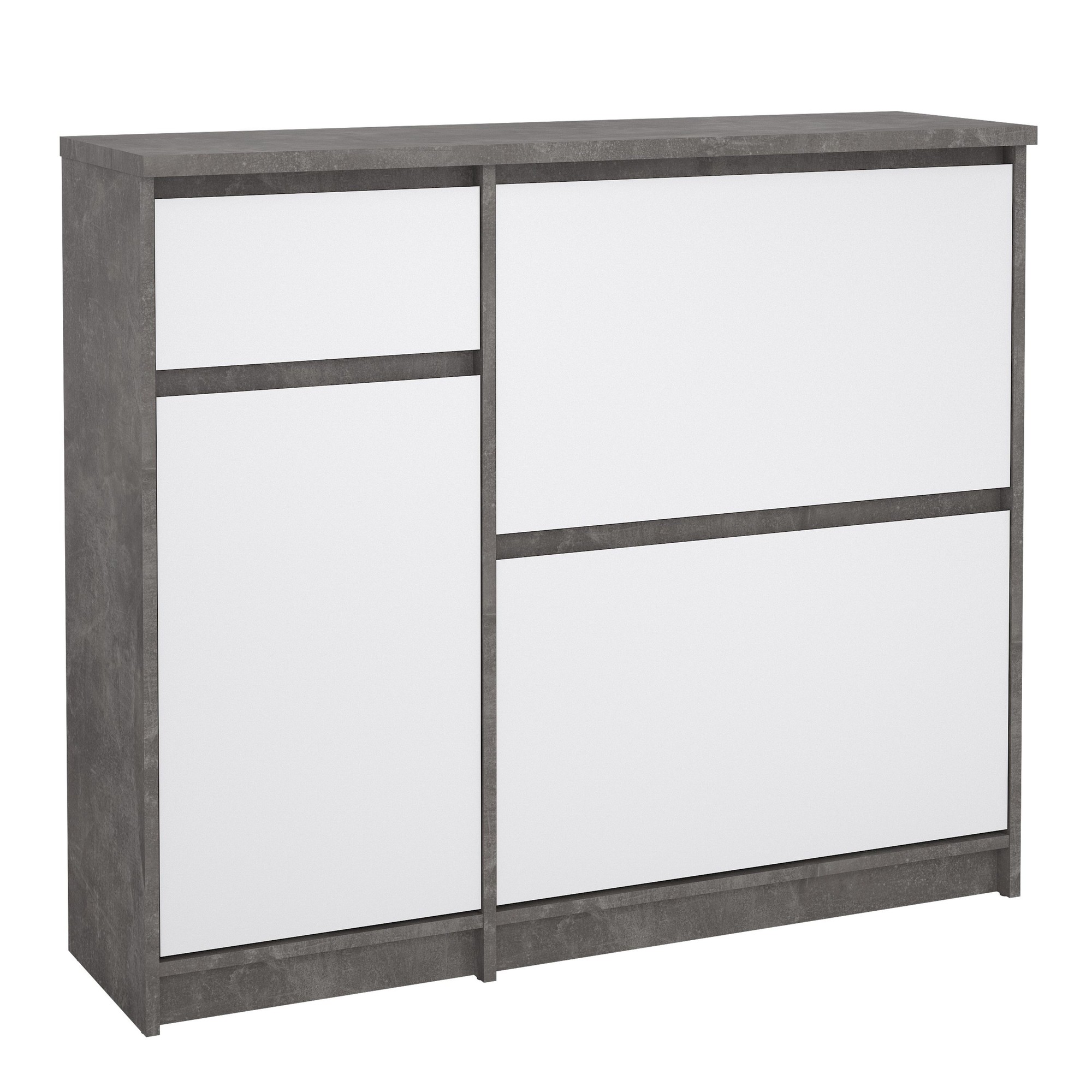 Gray shoe cabinet featuring two flip-down doors, one door, and one drawer with a sleek, modern design and a minimalist aesthetic.