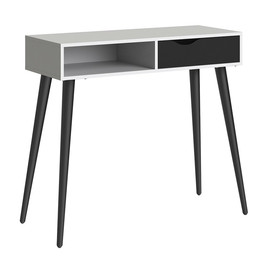 Stylish Oslo console table featuring a white finish with a single black drawer and an open shelf, supported by sleek black legs.