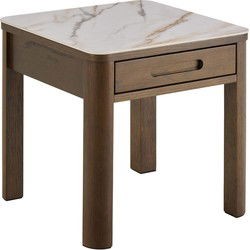 Beige ceramic side table with a marble-patterned top, featuring a single drawer and sturdy wooden legs, measuring 45x45x45cm.