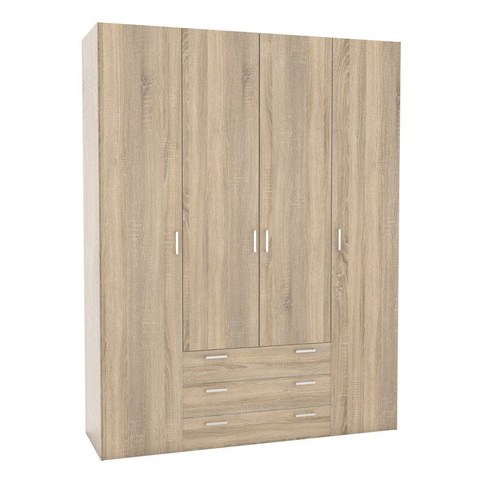 Oak wardrobe with four doors and three drawers, featuring a light wood finish and sleek silver handles, designed for modern storage solutions.