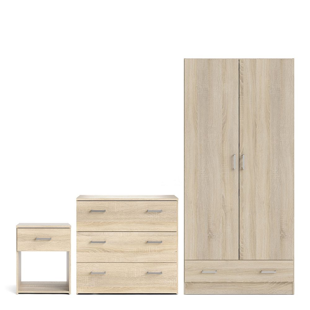 Three-piece furniture set in oak brown, featuring a bedside table with one drawer, a chest with three drawers, and a two-door wardrobe, all with sleek silver handles.
