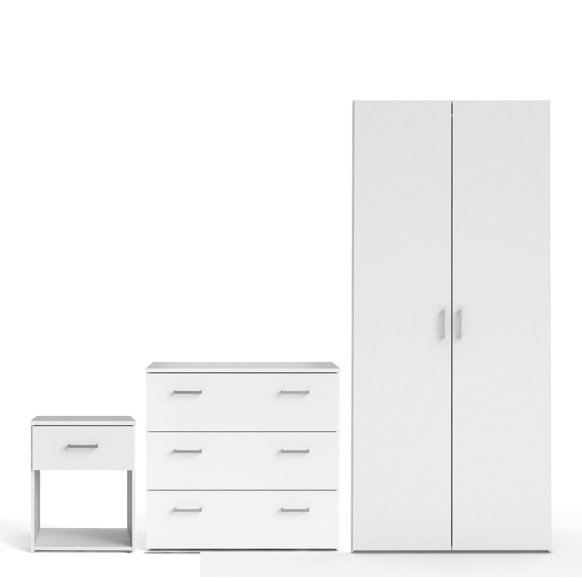 Three-piece furniture set in white, including a bedside table with one drawer, a three-drawer chest, and a two-door wardrobe, all featuring sleek handles and a modern design.