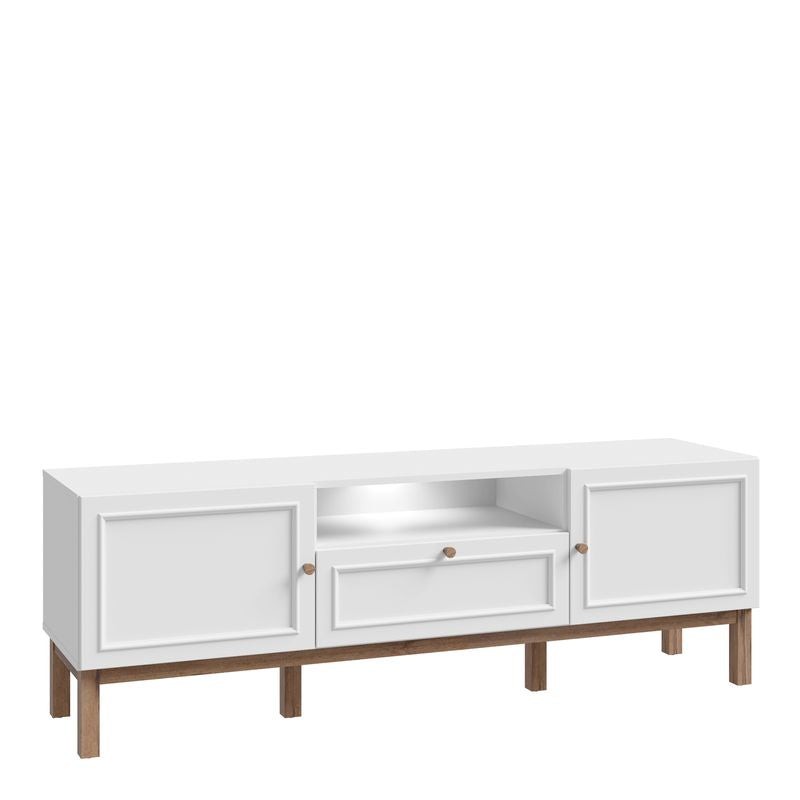Light grey and oak TV unit featuring two doors, one central drawer, and integrated LED lighting for a modern touch.