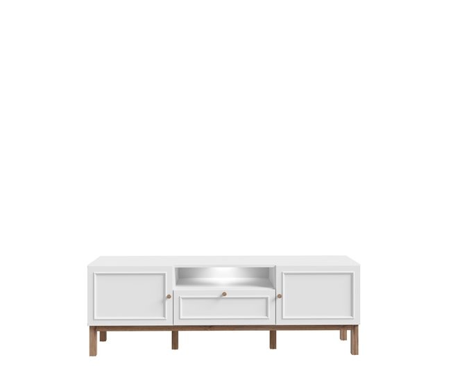 Light grey and oak TV unit featuring two doors, one central drawer with a round handle, and sturdy legs, designed for stylish storage and display.