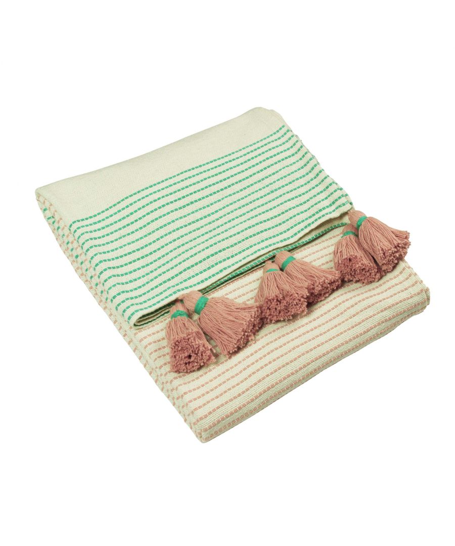 Woven cotton throw in mint with green stripes and pink tassels, featuring a soft texture and decorative detailing for a cozy accent.