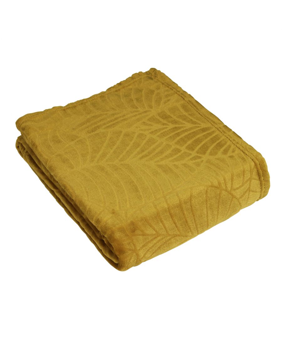 Mustard yellow fleece throw blanket with a textured leaf pattern, measuring 140 cm x 180 cm, folded neatly.