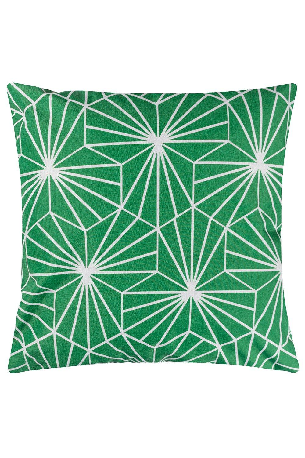 Green hexagonal outdoor cushion featuring a geometric white pattern, made from weather-resistant material, ideal for adding a pop of color to outdoor spaces.