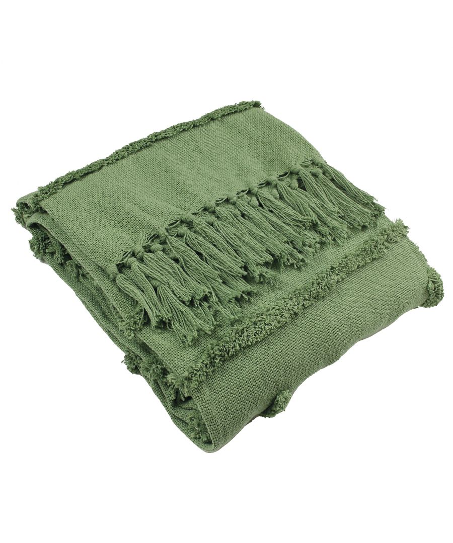 Green cotton throw blanket with textured fringe detailing, folded neatly, showcasing a soft, cozy appearance and a versatile one-size design.