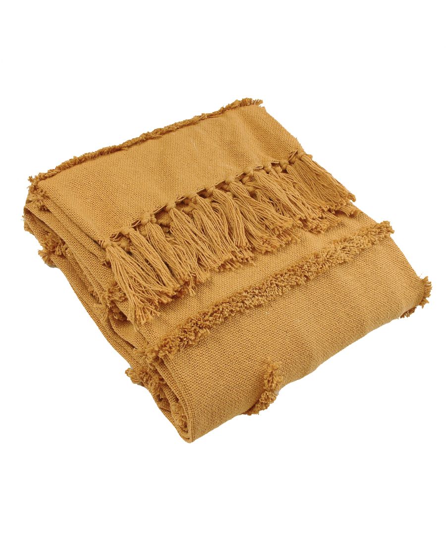 Ochre cotton throw blanket with textured fringes and a soft woven finish, measuring 130 x 180 cm, folded neatly.