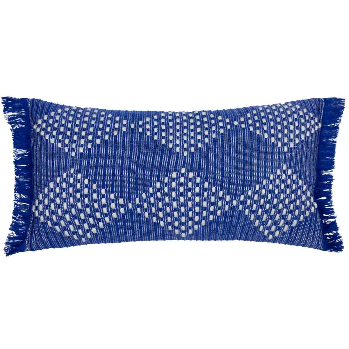Woven blue cushion featuring a geometric pattern with white accents, fringed edges, and a soft feather filling, suitable for indoor or outdoor use.