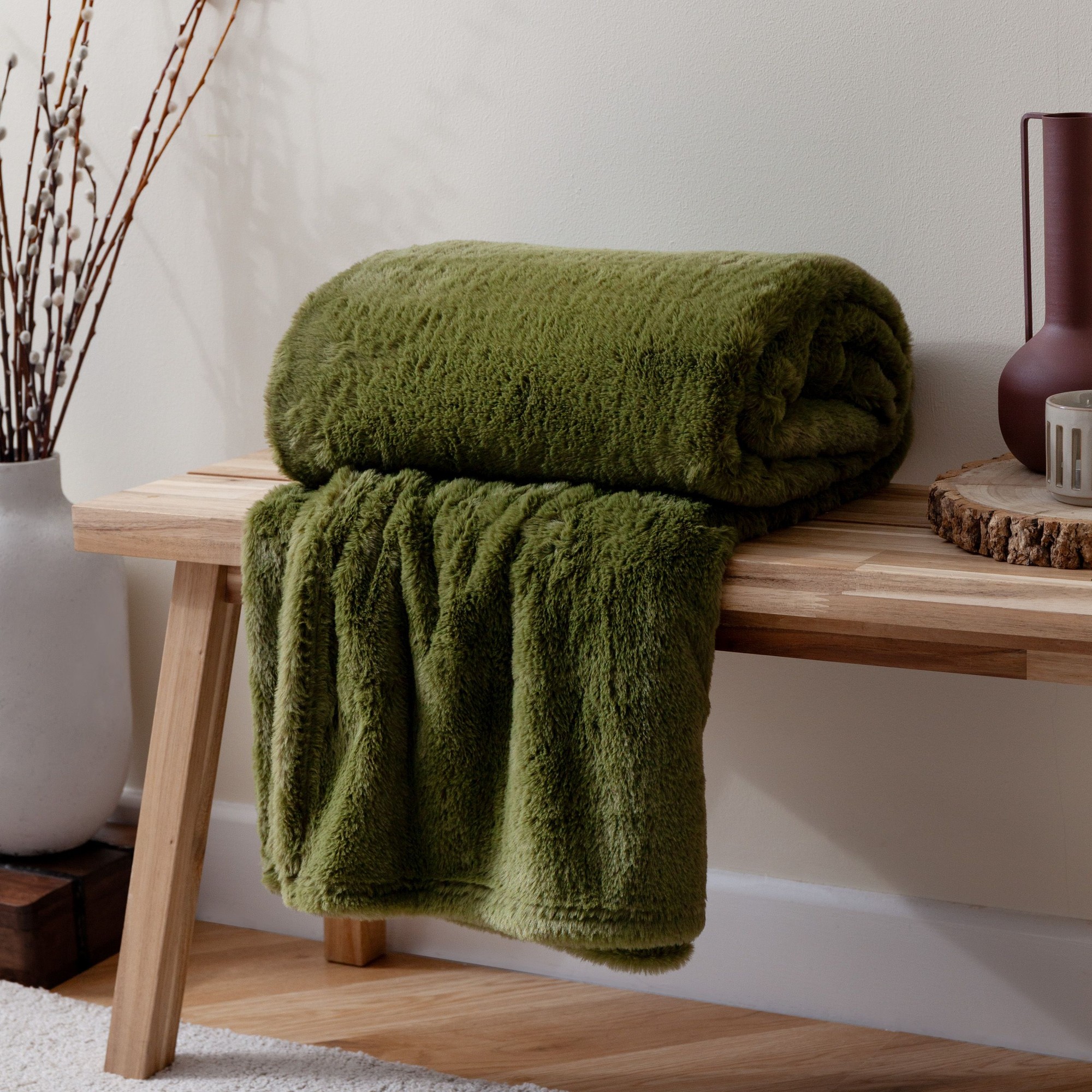 furn. Kallu Faux Fur Olive Double Sided Throw 150 x 200cm - image 2