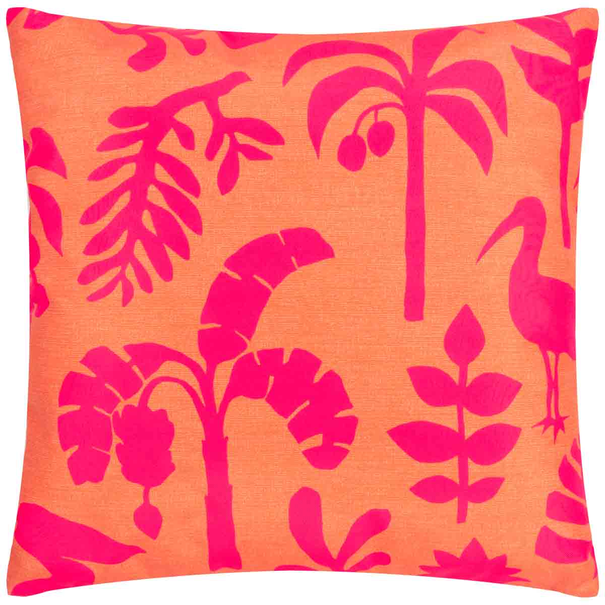 Coral outdoor cushion featuring vibrant pink tropical leaf and bird patterns, made from UV-resistant material, ideal for outdoor use.