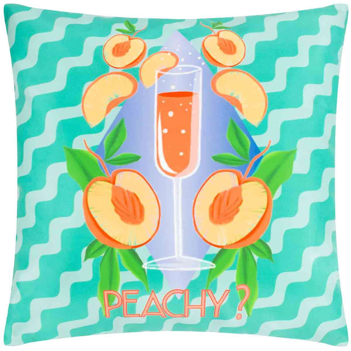 Peachy abstract outdoor cushion in aqua, featuring a vibrant design with peach slices and a glass, made from water and UV-resistant material.