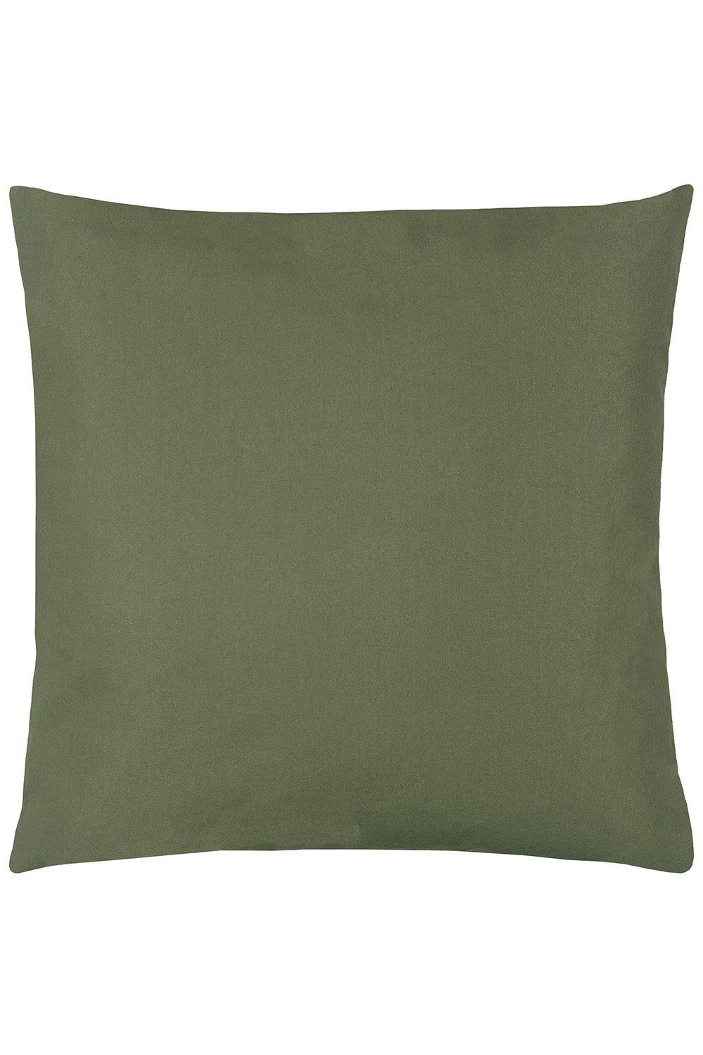 Plain outdoor cushion in olive green, featuring a soft fabric texture, square shape, and designed for outdoor use, measuring one size.