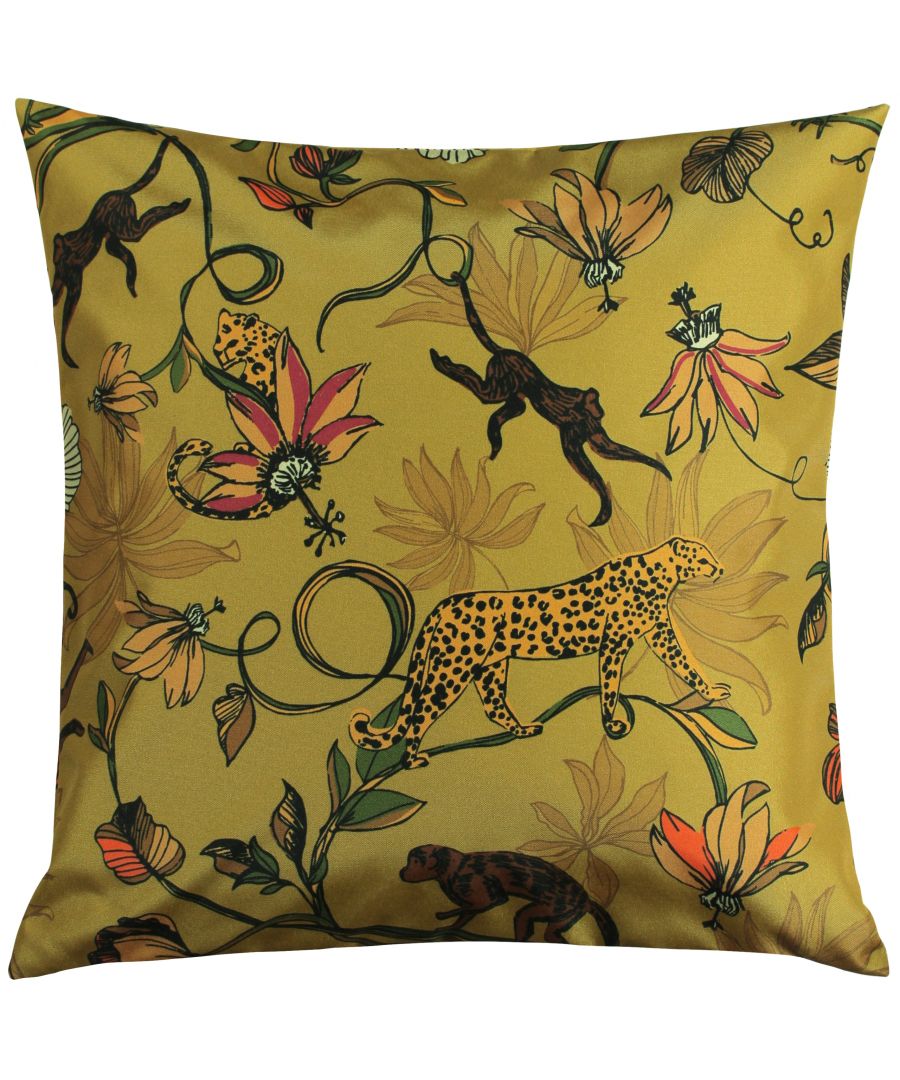 Square outdoor cushion in gold featuring vibrant wildlife and floral patterns, including leopards, monkeys, and colorful flowers, measuring 43 cm x 43 cm.