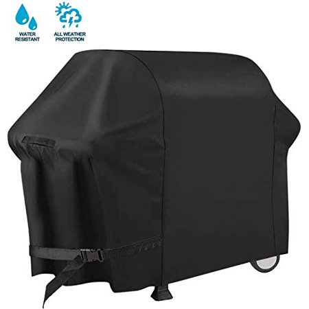 Black heavy-duty BBQ grill cover made from 600D waterproof material, designed for 30-inch grills, featuring a secure strap for all-weather protection.