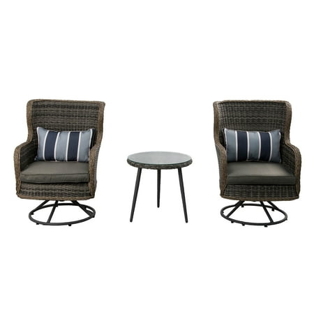 Three-piece outdoor patio dining set featuring two gray wicker swivel chairs with striped cushions and a round coffee table with a stone-like top.