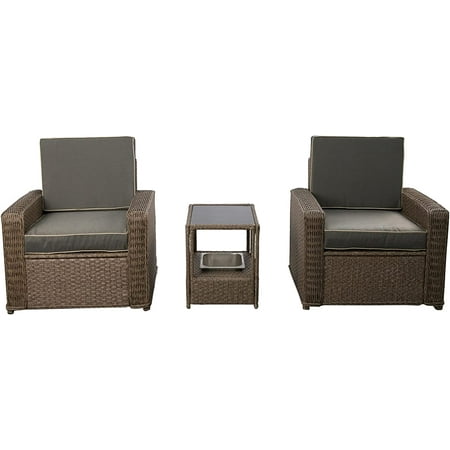 Three-piece patio bistro set featuring two cushioned rattan armchairs in brown with gray cushions, and a glass-top table with an integrated ice bucket.