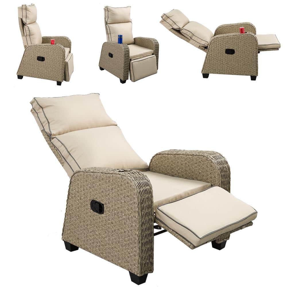 Brown rattan 7-seater modular outdoor sofa featuring plush beige cushions, with adjustable reclining sections and a contemporary design for outdoor relaxation.