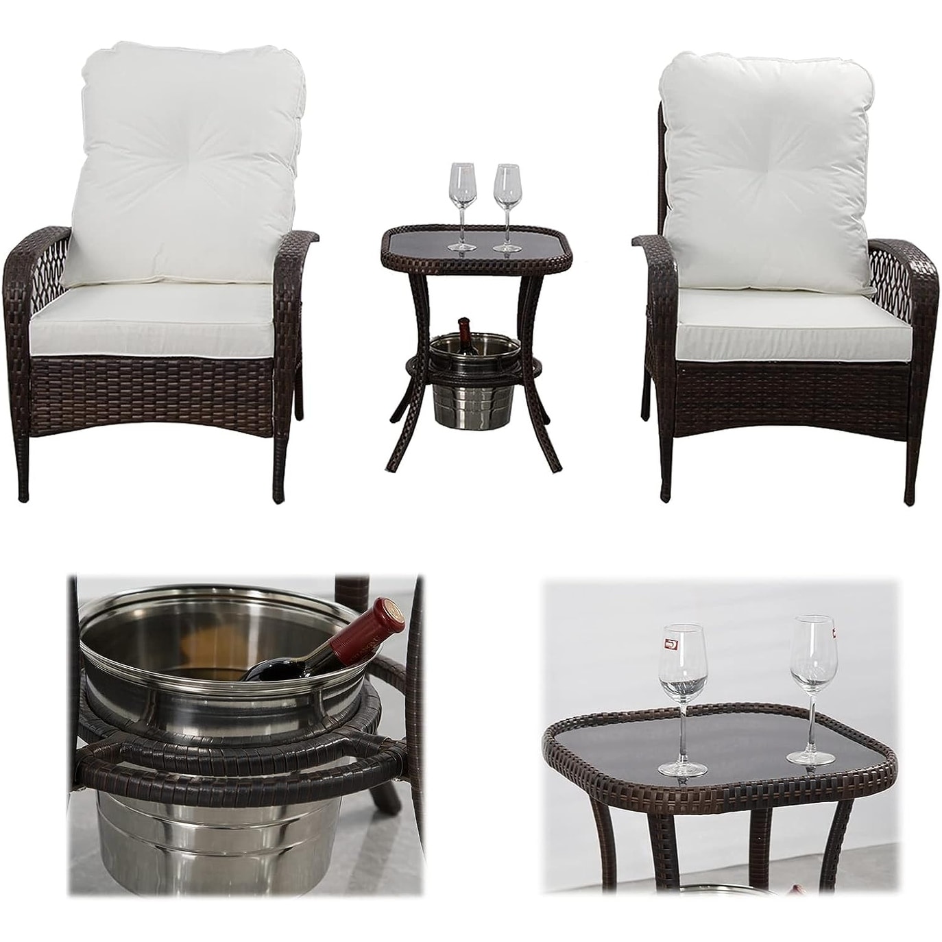 Modern outdoor furniture set featuring a dark brown aluminum frame with plush white cushions, including two armchairs and a glass-top coffee table with an ice bucket.