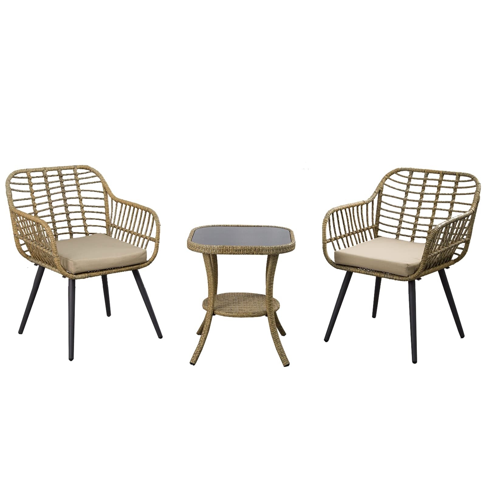 Modern outdoor furniture set featuring two woven rattan chairs with beige cushions and a small glass-top coffee table, all supported by black metal legs.