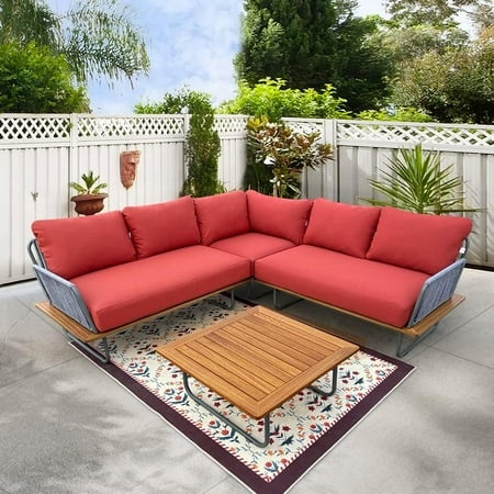 Modular 8-piece garden corner sofa set featuring nature-inspired yellow cushions, a wooden coffee table, and a sleek metal frame, set in a lush outdoor patio environment.