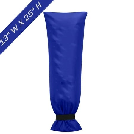 Blue outdoor faucet cover sock, 25 inches high and 13 inches wide, made of durable material with a cinched bottom for secure fit, designed for winter freeze protection.