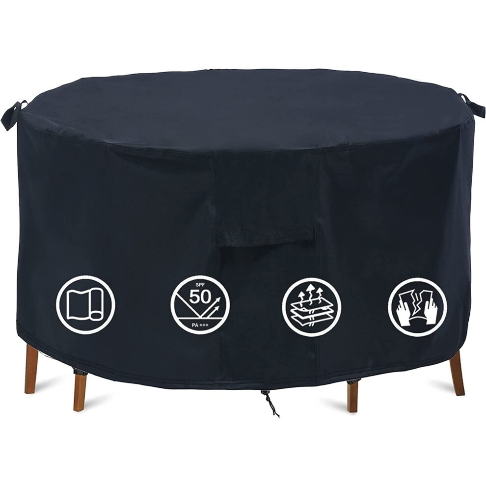 Round black waterproof patio furniture cover with adjustable straps, designed for 82-inch diameter tables or fire pits, featuring icons for UV protection and durability.