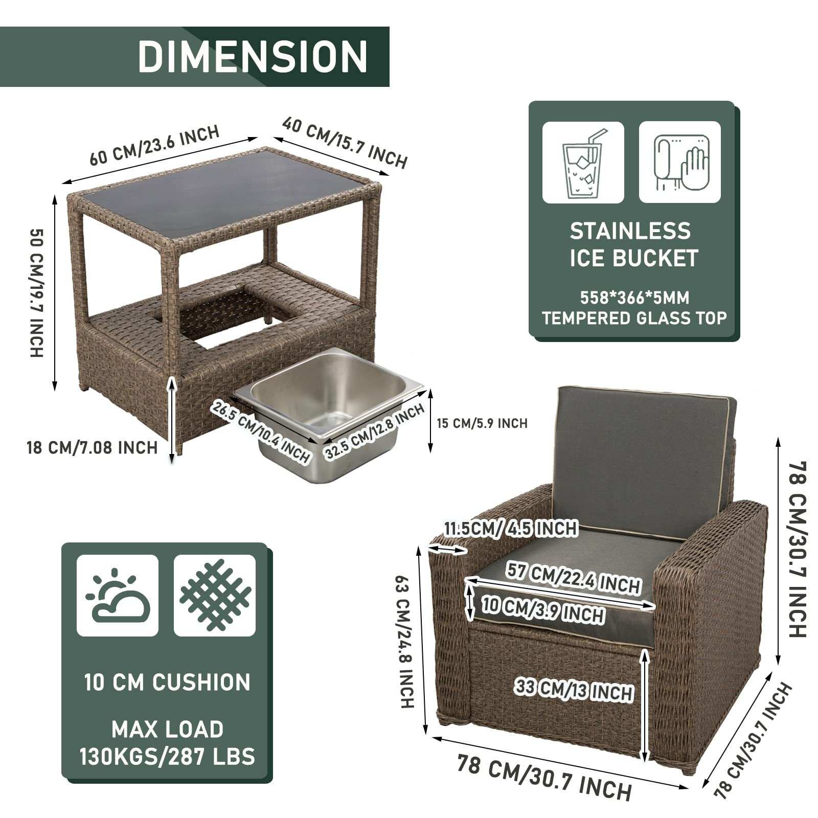 Aluminum patio furniture set in brown wicker, featuring a glass-top coffee table, swivel chair, armchair, and thick cushions, designed for outdoor use with all-weather durability.