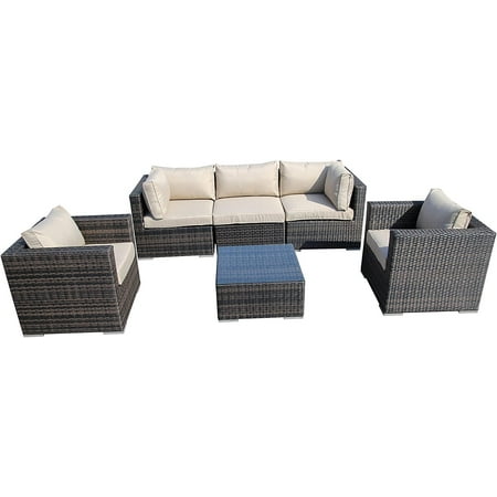 5-piece patio sofa set featuring a sturdy aluminum frame, all-weather mix brown wicker, beige cushions, and a square coffee table with a blue top, ideal for outdoor conversations.