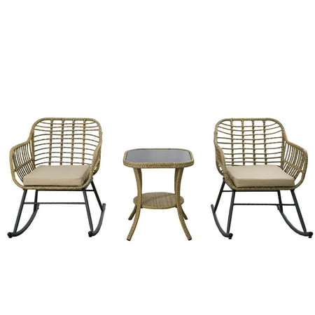 Three-piece outdoor bistro set featuring two beige wicker rocking chairs with cushioned seats and a round tempered glass top table in the center.