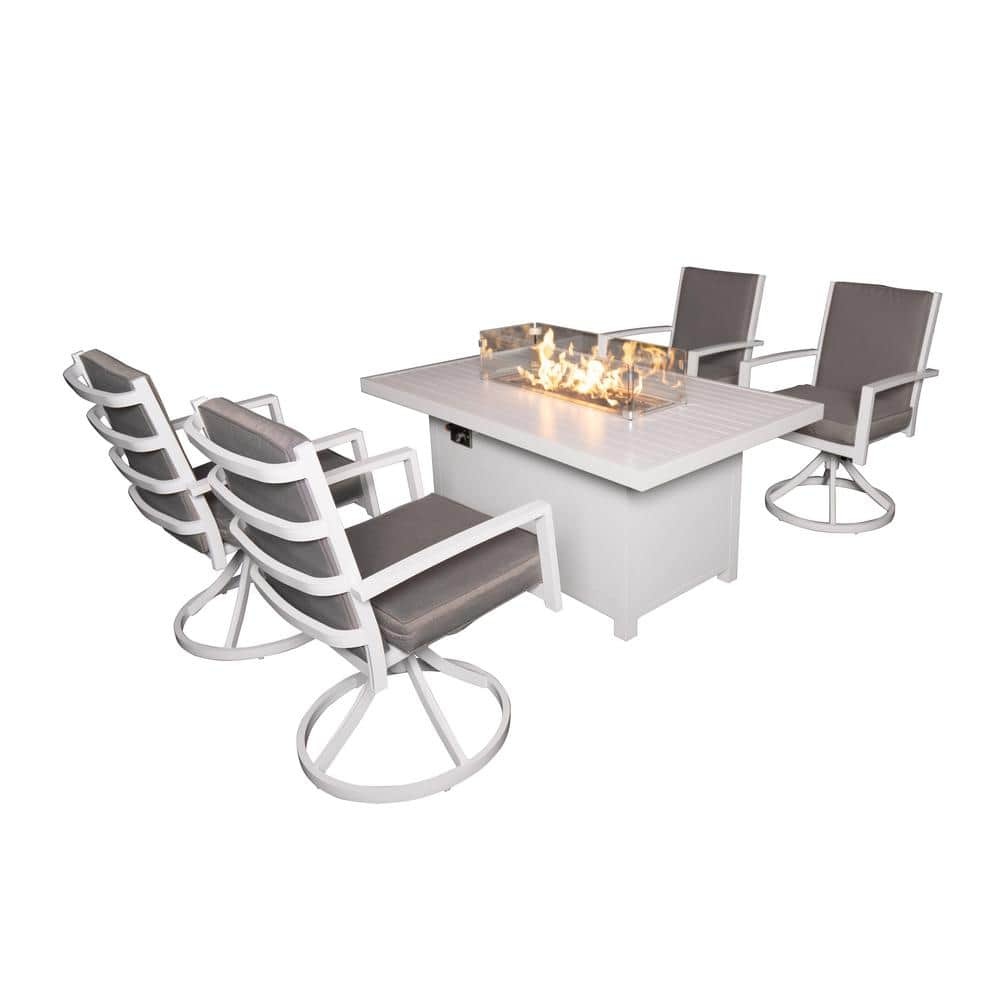 5-piece aluminum outdoor dining set featuring a white fire pit table and four gray-cushioned swivel chairs, ideal for patio gatherings.