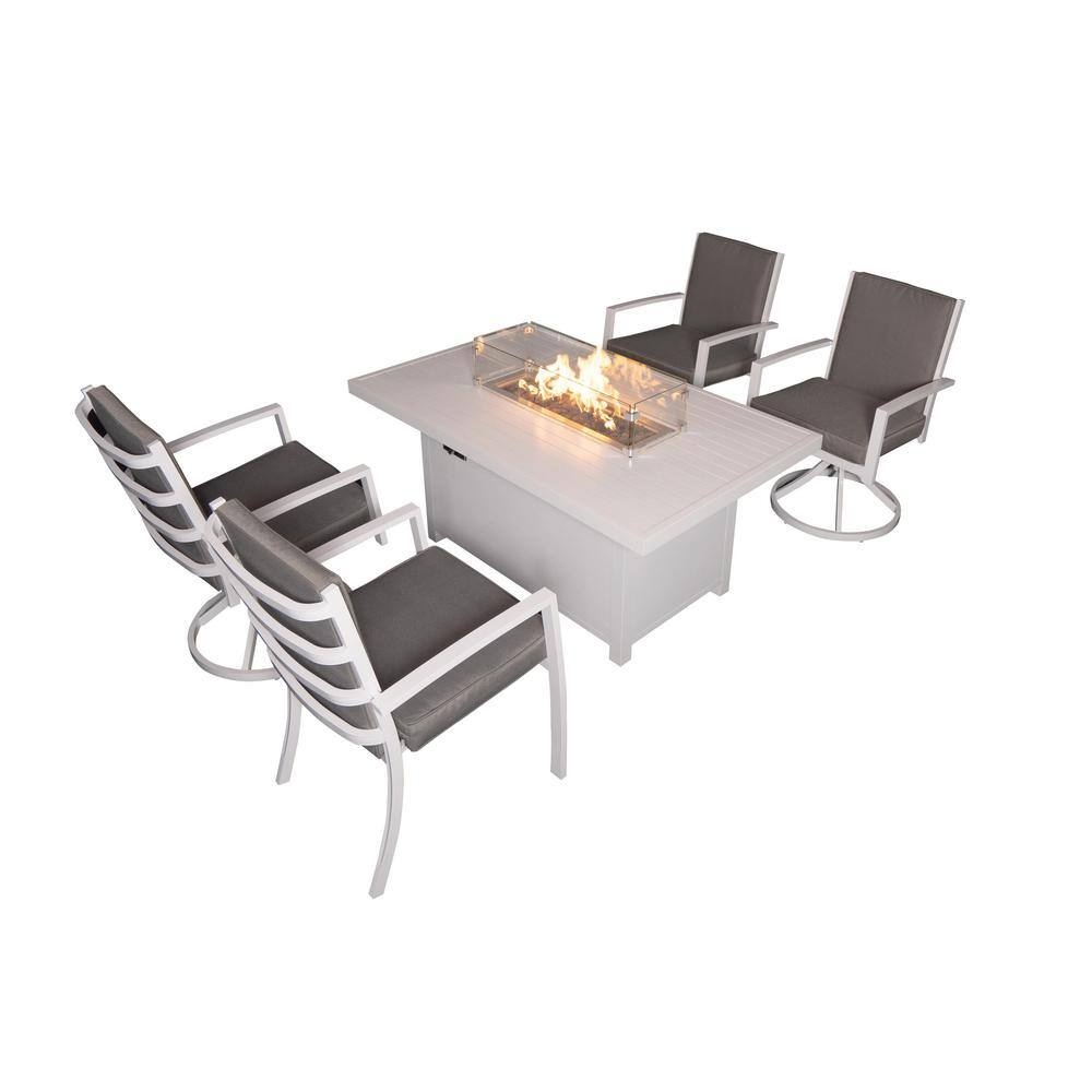 5-piece aluminum patio dining set featuring a white fire pit table, gray cushions, 2 armchairs, and 2 swivel chairs, ideal for outdoor dining and relaxation.