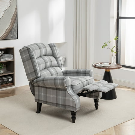 Outdoor aluminum furniture set featuring a gray and white plaid sectional sofa with thick cushions, accompanied by a sleek black coffee table.