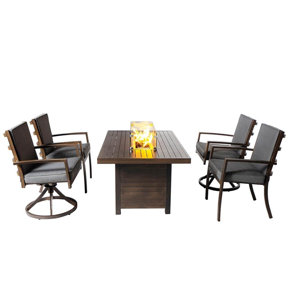 5-piece aluminum patio dining set featuring a rectangular fire pit table, two swivel chairs, and two armchairs with gray cushions and a wood-like tabletop design.