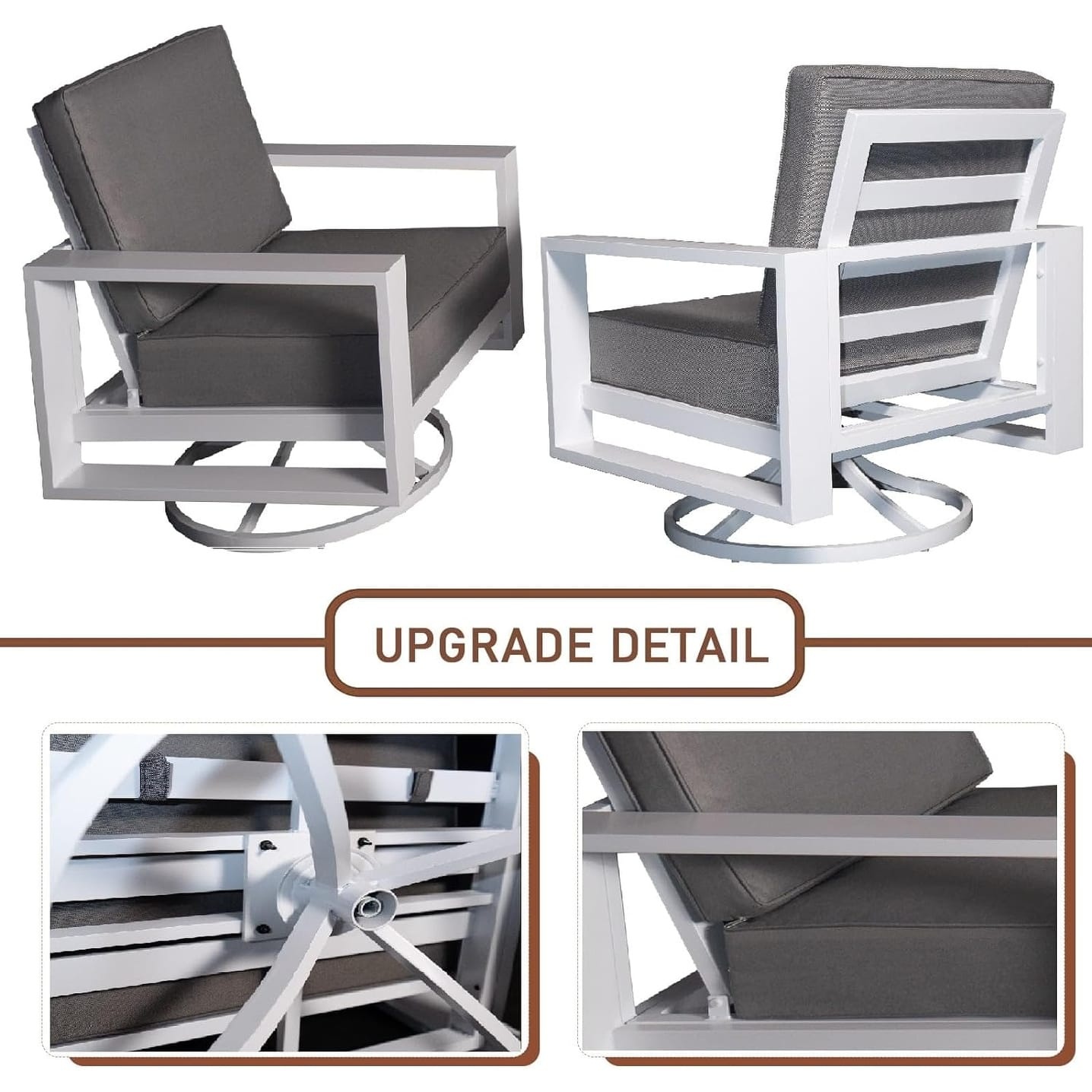 5-piece aluminum outdoor dining set featuring a 57-inch rectangular table, four armchairs with white cushions, and a modern design with a sleek gray finish.