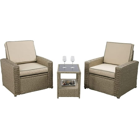 Three-piece patio bistro set featuring two cushioned rattan armchairs with beige cushions and a glass-top table with an ice bucket compartment, ideal for outdoor relaxation.
