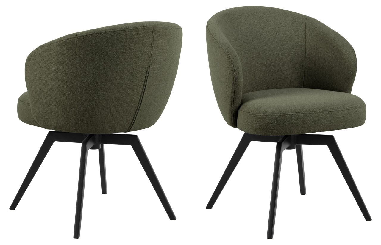Rotating Darlene chair by Actona, featuring a structured green fabric upholstery, rounded backrest, and black metal legs, measuring 58.5x60x80 cm.