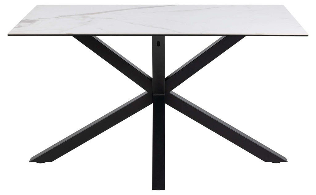 White ceramic tabletop with a marble pattern, supported by a sleek black metal cross base, measuring 135x80x75.5cm.